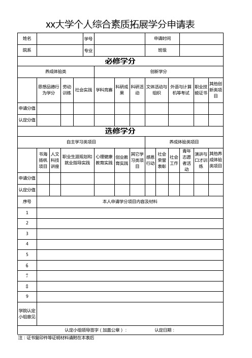 大学个人综合素质拓展学分申请表
