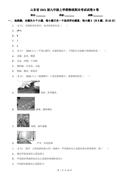 山东省2021版九年级上学期物理期末考试试卷D卷