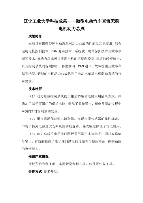 辽宁工业大学科技成果——微型电动汽车直流无刷电机动力总成