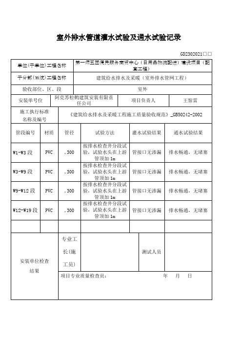 室外排水管道灌水试验及通水试验记录