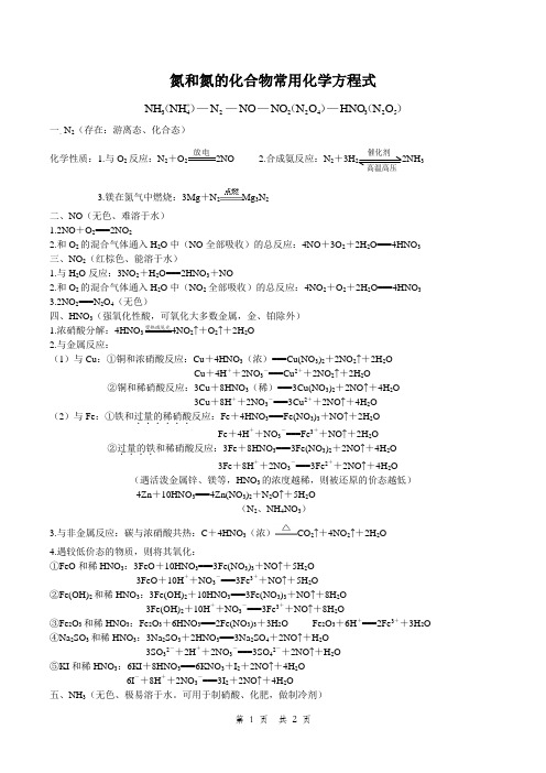 氮和氮的化合物常用化学方程式