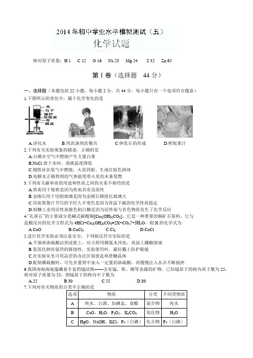 山东省日照市2014年初中学业水平模拟测试(五)化学试题
