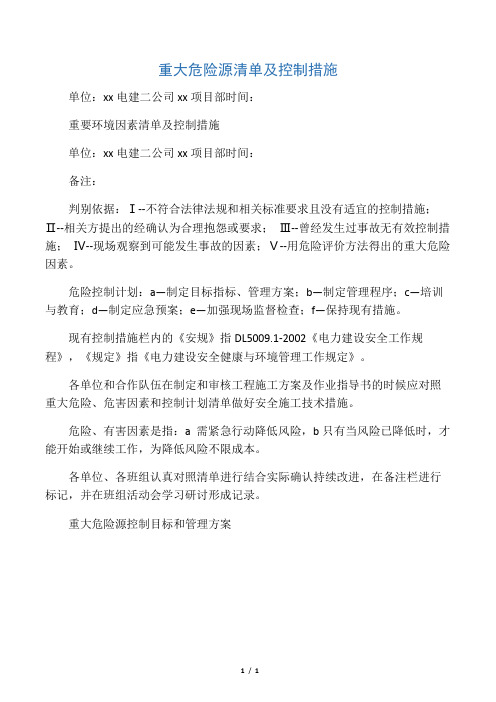 重大危险源清单及控制措施