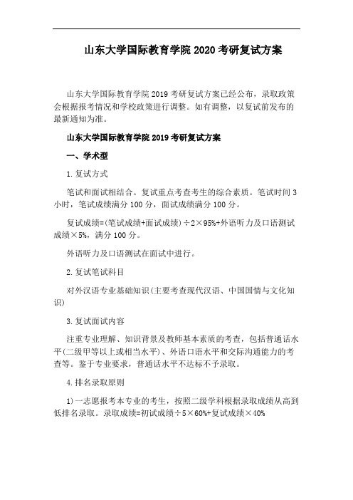 山东大学国际教育学院2020考研复试方案