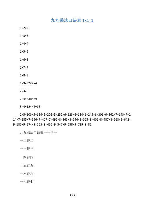 九九乘法口诀表(高清完整版)