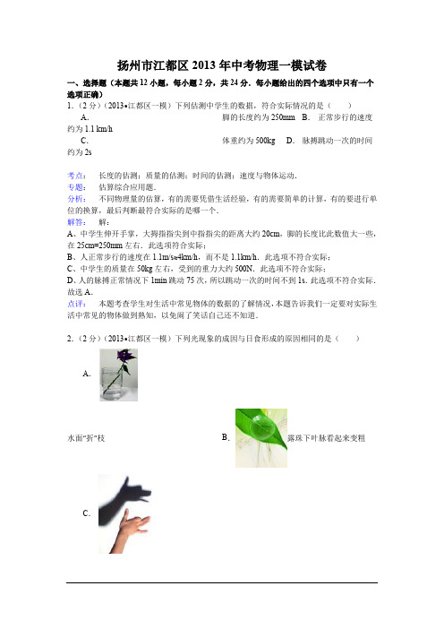 江苏扬州江都区2013中考一模-物理(解析版)汇总