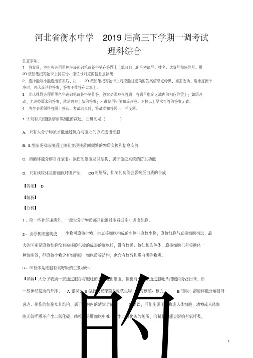 精品解析：【全国百强校】河北省衡水中学2019届高三下学期一调理科综合生物试题(解析版)
