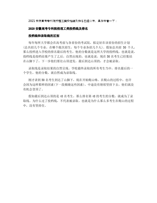2021安徽高考专科院校理工类投档线及排名