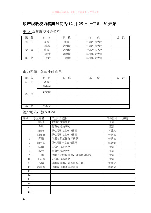 脱产成教校内答辩时间为12月25日上午830开始电力系答辩委员