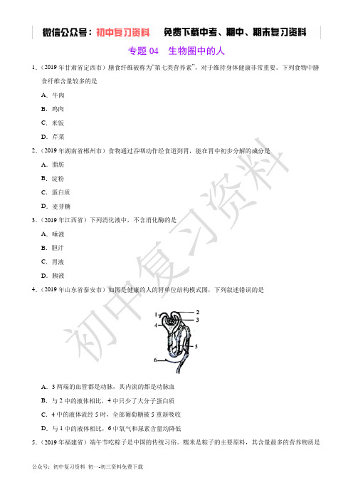 专题04 生物圈中的人(第02期)-2019年中考真题生物试题分类汇编(原卷版)