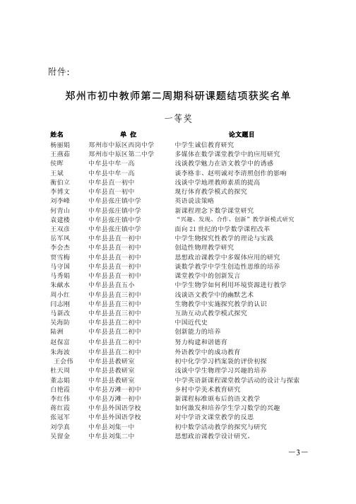 郑州市初中教师第二周期科研课题结项获奖名单