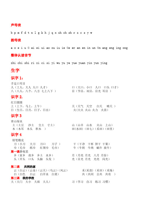 语文S版小学一年级上册生字表(带组词)