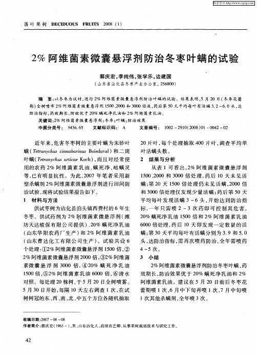 2%阿维菌素微囊悬浮剂防治冬枣叶螨的试验