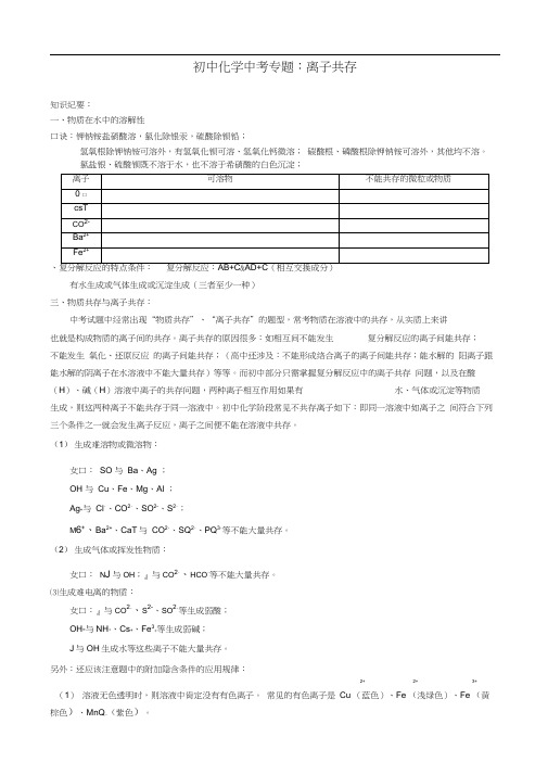 初三化学专题：离子共存