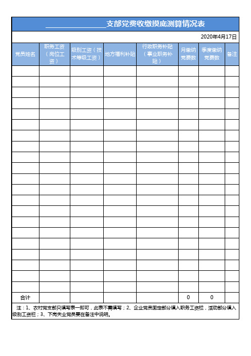 支部党费收缴统计表EXCEL模板(A4大小打印)