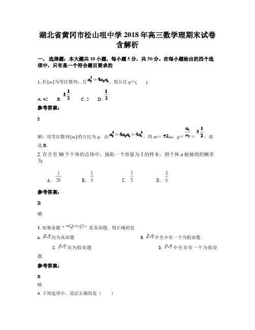湖北省黄冈市松山咀中学2018年高三数学理期末试卷含解析