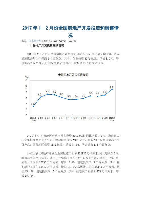 2017年1-2月份全国房地产开发投资和销售情况