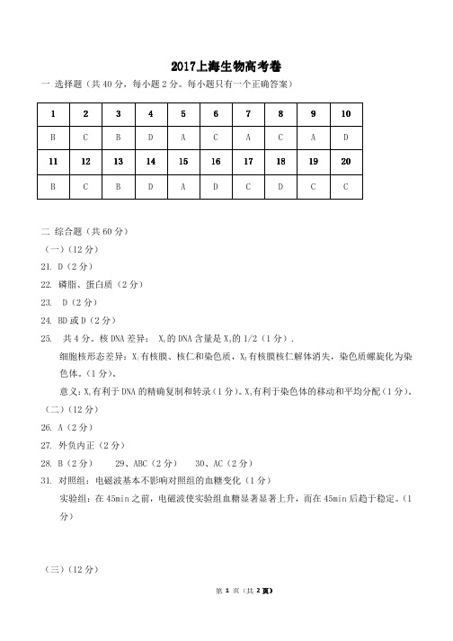 2017年上海生命科学等级考参考答案