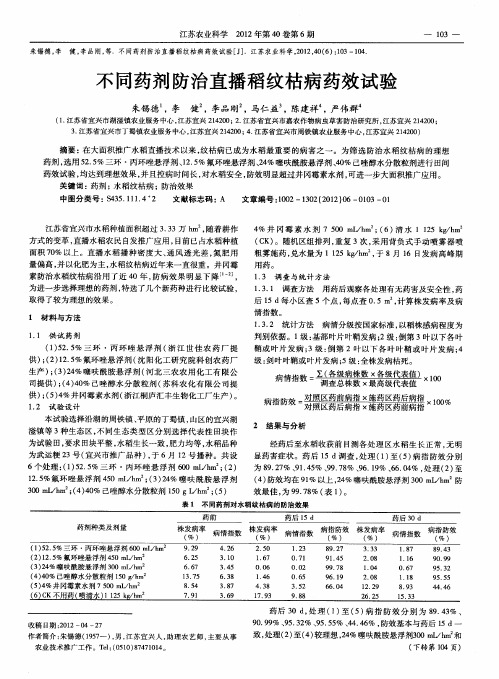 不同药剂防治直播稻纹枯病药效试验