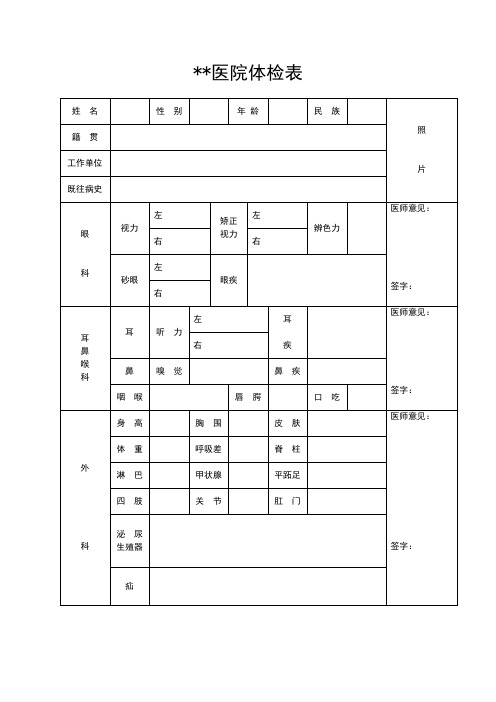 医院体检表