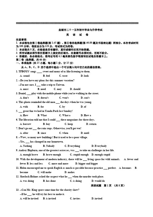 中考试卷英语江苏省盐城卷及答案解析
