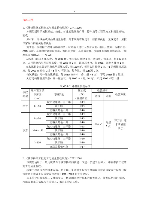 市政项目工程规划项目试验检测频率执行规范标准汇总