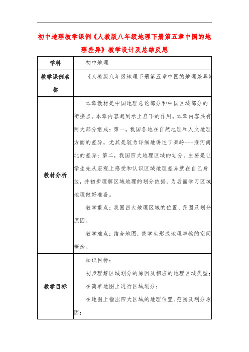 初中地理教学课例《人教版八年级地理下册第五章中国的地理差异》课程思政核心素养教学设计及总结反思