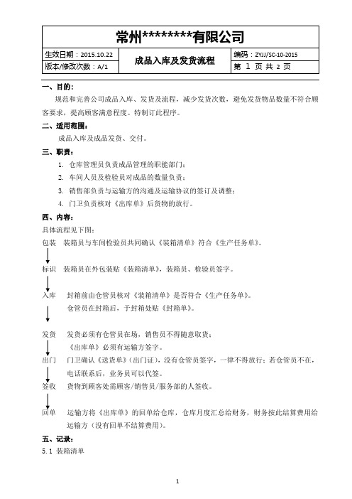 成品入库发货流程