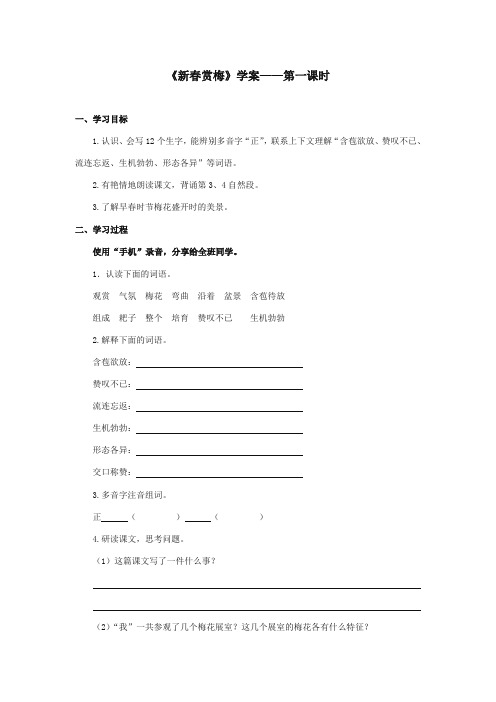 2017-2018年湘教版小学语文三年级上册《新春赏梅》精品学案第一课时