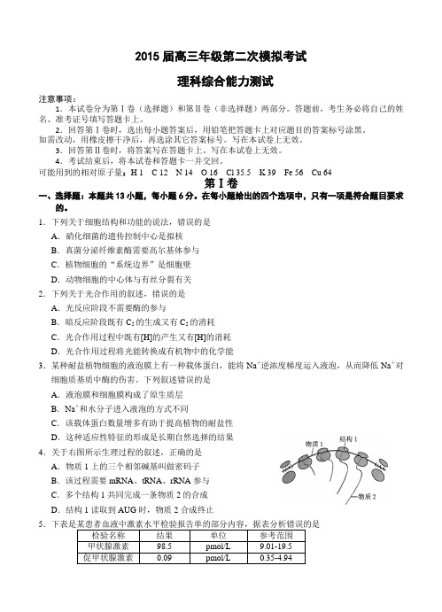 黑龙江省绥化市重点中学2015届高三第二次模拟考试理综试卷及答案