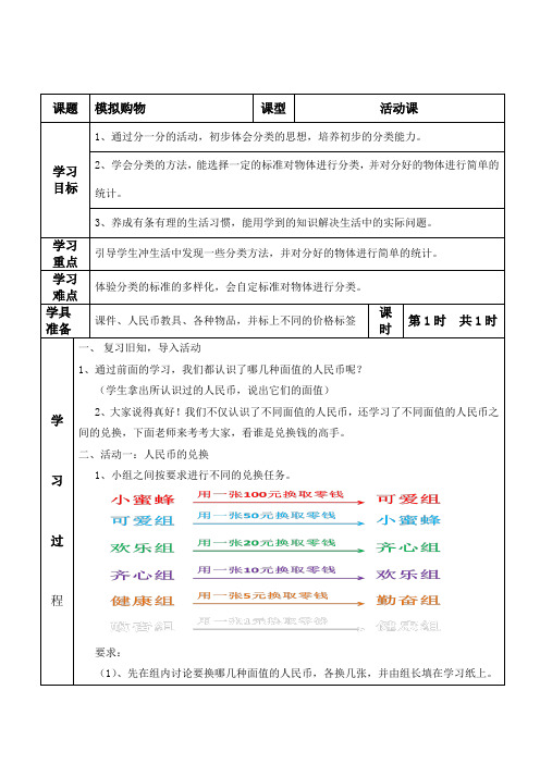 小学数学人教2011课标版一年级模拟购物