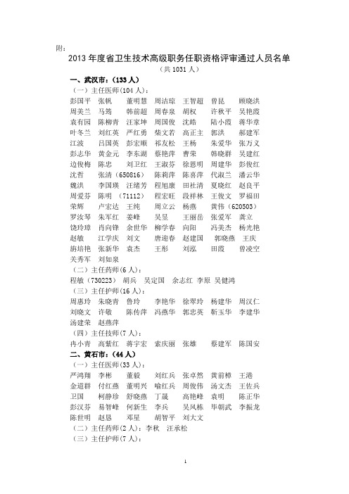 2013年湖北卫生人才评审公示
