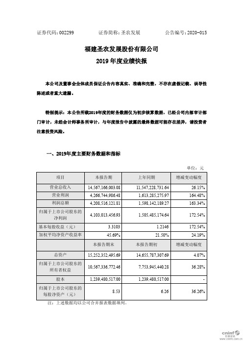 圣农发展：2019年度业绩快报