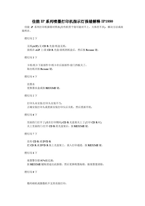 佳能IP系列喷墨打印机指示灯报错解释IP1880