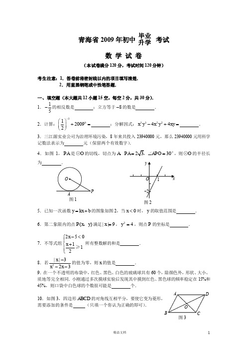 青海省【2009年】初中毕业升学考试数学试卷及答案