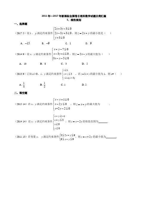 2011-2017年新课标全国卷2理科数学试题分类汇编——5.不等式与线性规划