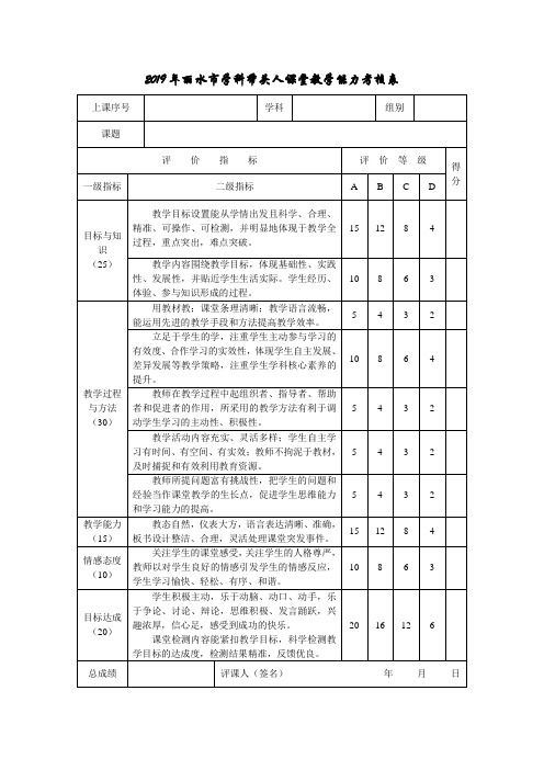 2019年丽水市学科带头人课堂教学能力考核表