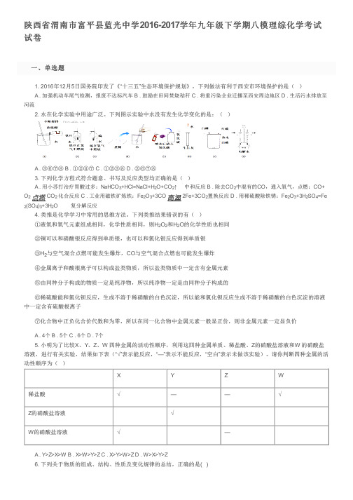 陕西省渭南市富平县蓝光中学2016-2017学年九年级下学期八模理综化学考试试卷及参考答案