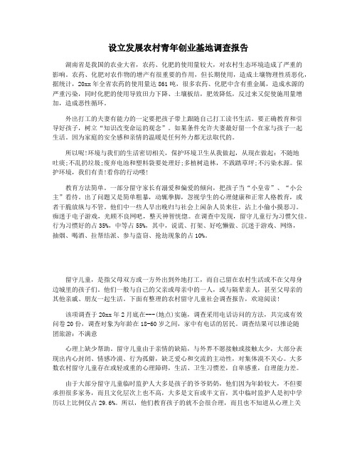 设立发展农村青年创业基地调查报告