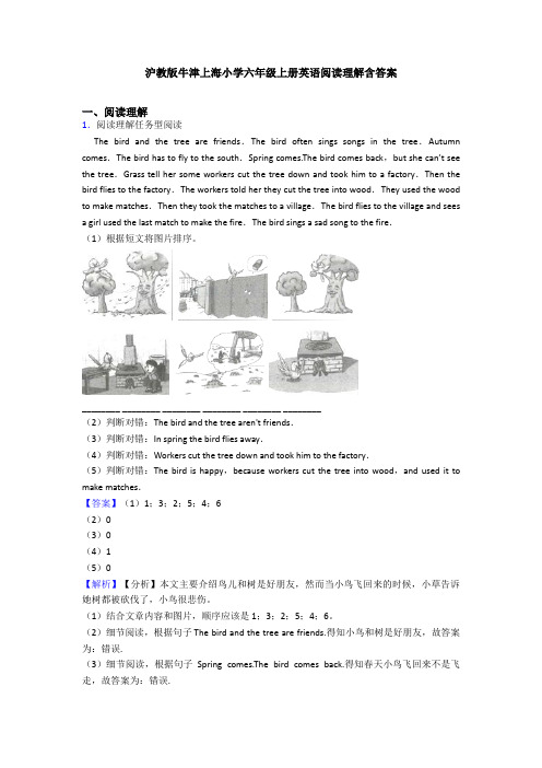 沪教版牛津上海小学六年级上册英语阅读理解含答案