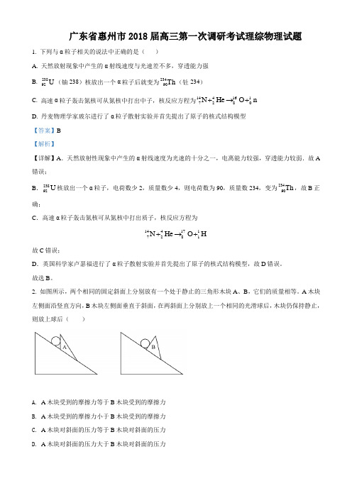 精品解析：广东省惠州市2018届高三第一次调研考试理综物理试题(解析版)