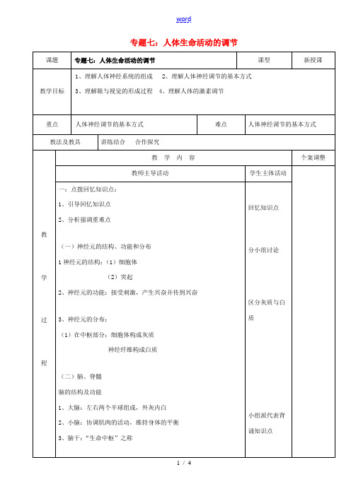中考生物 专题七 人体生命活动的调节复习教案 苏科版-苏科版初中九年级全册生物教案