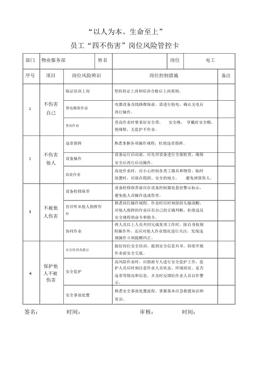 员工“四不伤害”岗位风险管控卡(电工)