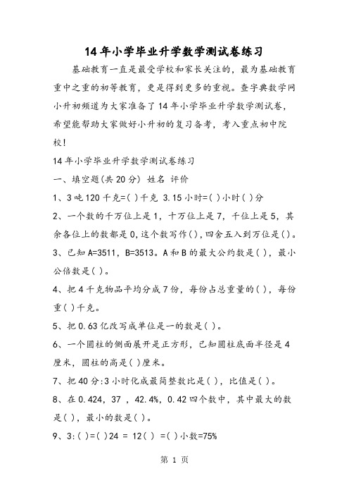 14年小学毕业升学数学测试卷练习-word文档资料