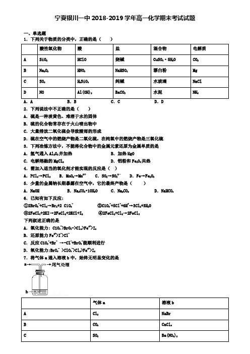 宁夏银川一中2018-2019学年高一化学期末考试试题