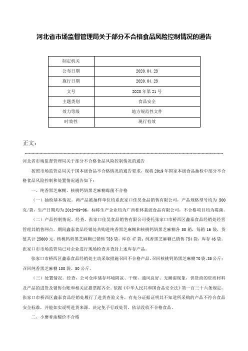 河北省市场监督管理局关于部分不合格食品风险控制情况的通告-2020年第21号