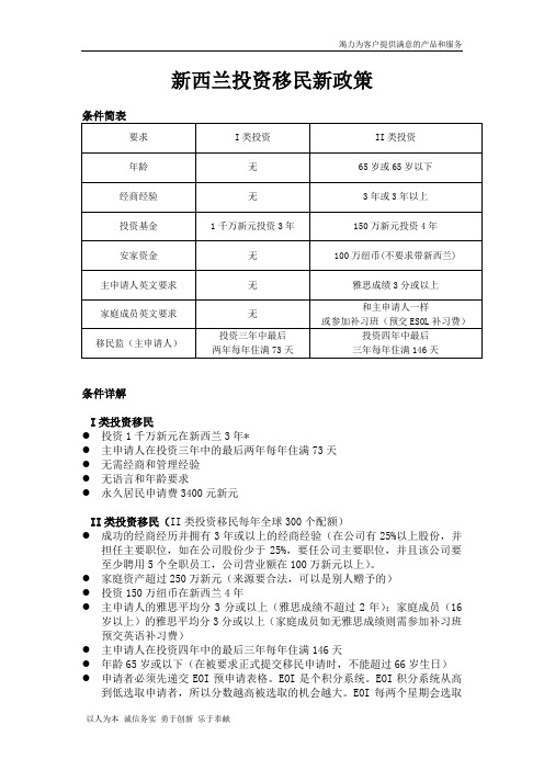 新西兰投资移民政策