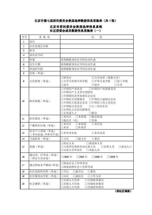 北京市第七届居民委员会换届选举数据信息采集表(共3张)