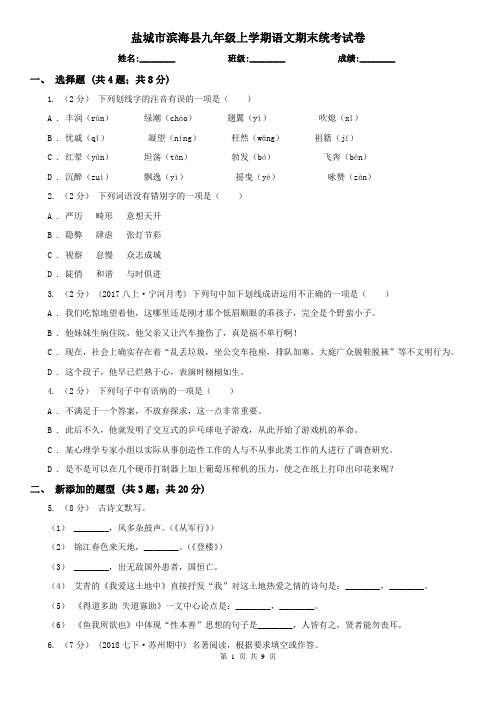 盐城市滨海县九年级上学期语文期末统考试卷