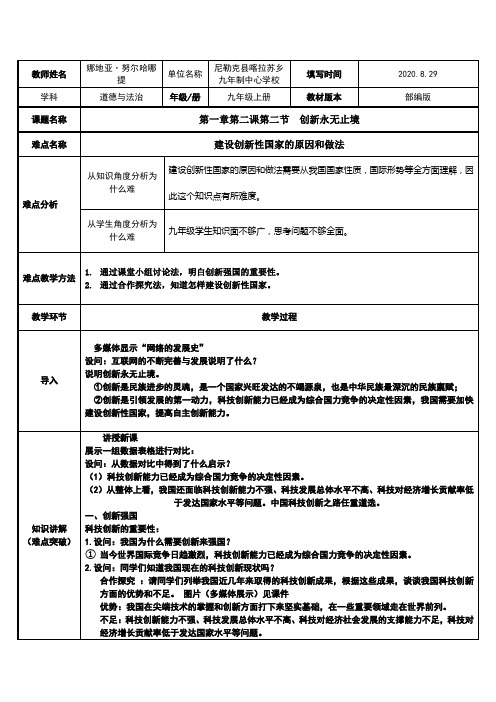 创新永无止境 初中九年级道德与法治教案教学设计课后反思 人教版